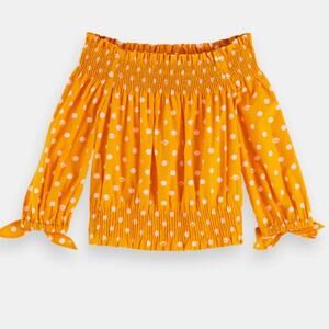 Scotch & Soda Yellow Polka Dot Printed Cropped Smocked Blouse size XS